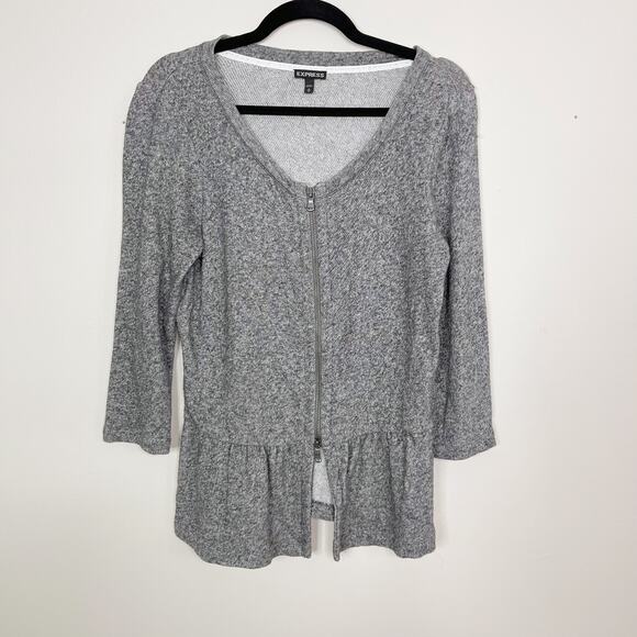 Express Womens Medium Heather Gray Zip Front Peplum Sweatshirt 3/4 Sleeve Terry - Picture 1 of 9